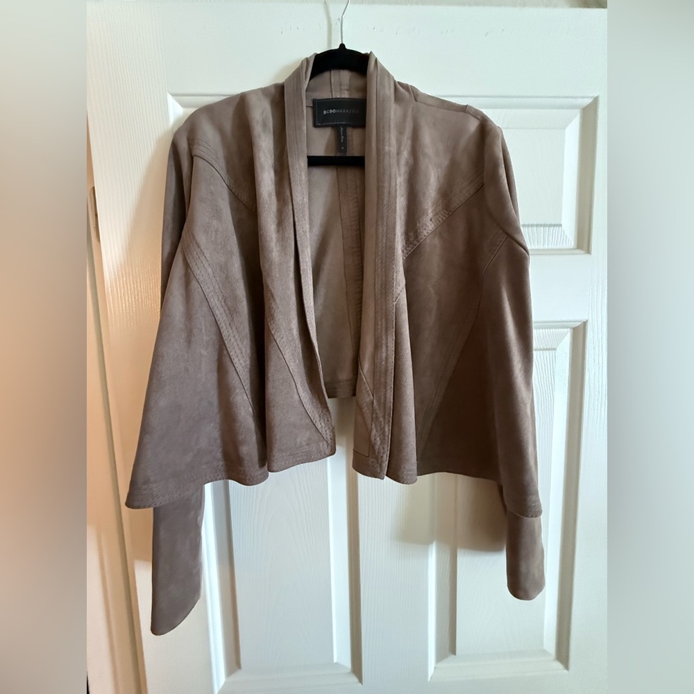 BCBGMaxAzria Mocha Faux Suede Waterfall Jacket | Drape Front | Cropped | Size M - Picture 5 of 9